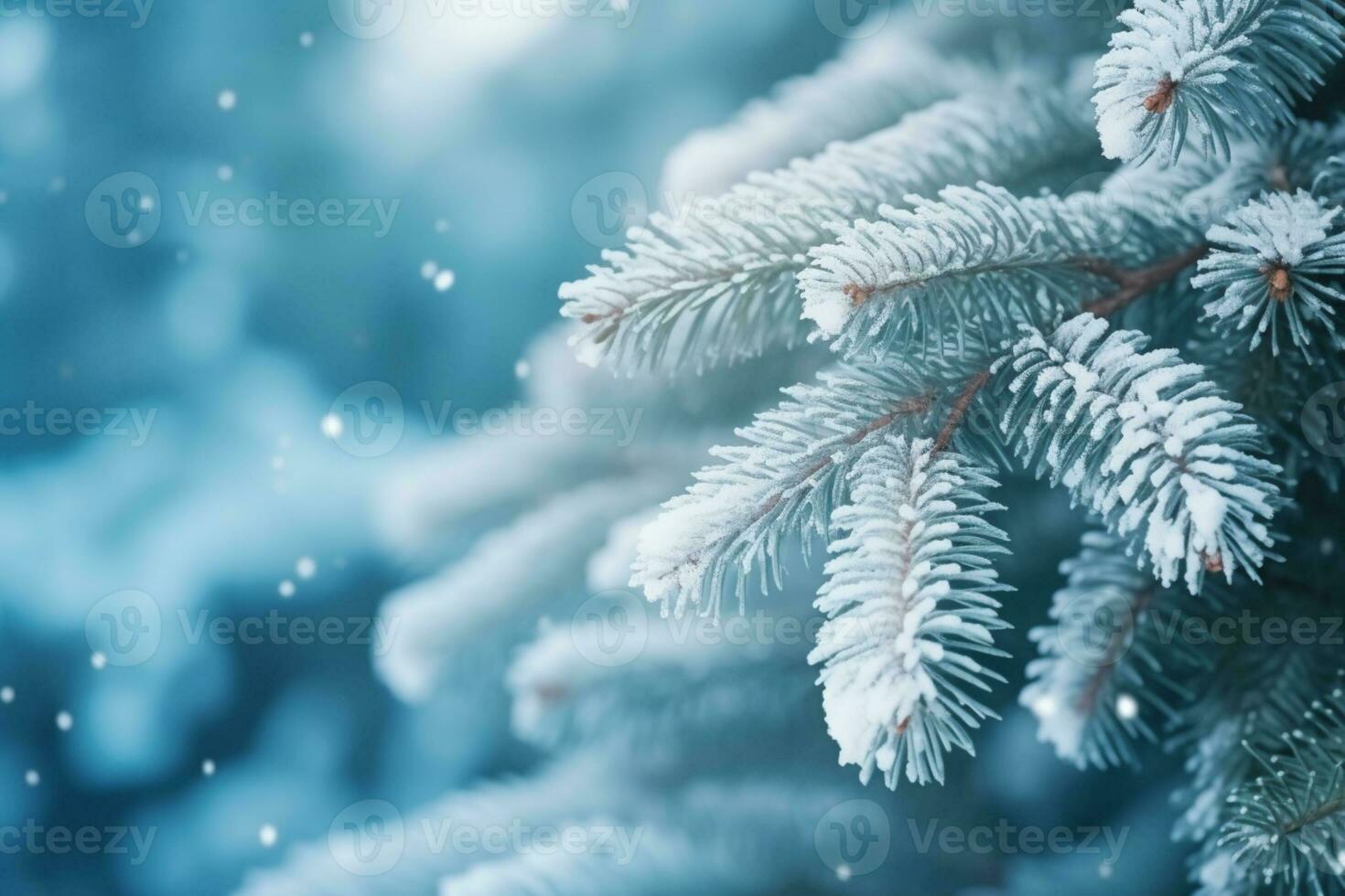 AI generated Snowflakes settling on pine branches under soft winter moonlight photo