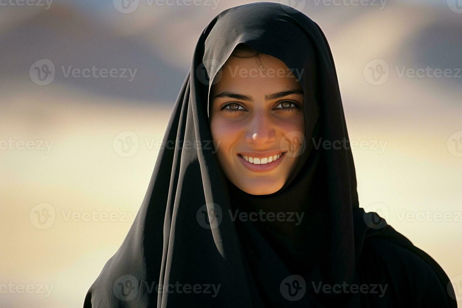 AI generated Portrait of a beautiful Muslim woman wearing hijab posing outdoors generative AI photo