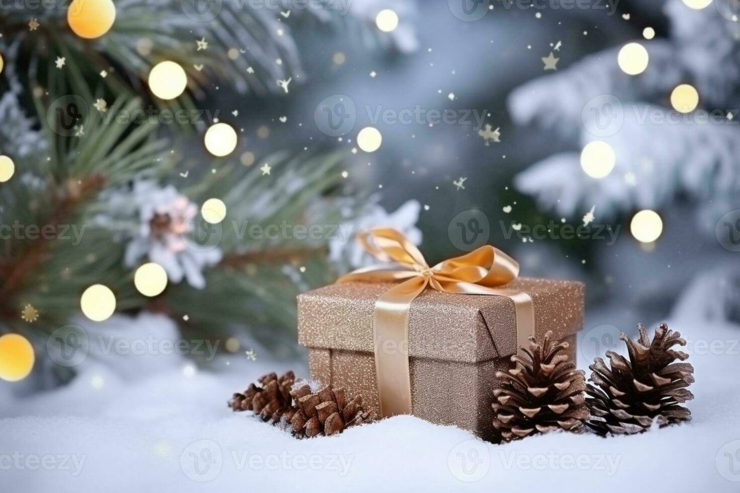 AI generated Christmas gift boxes with shiny lights background Copy space on snowy background photo