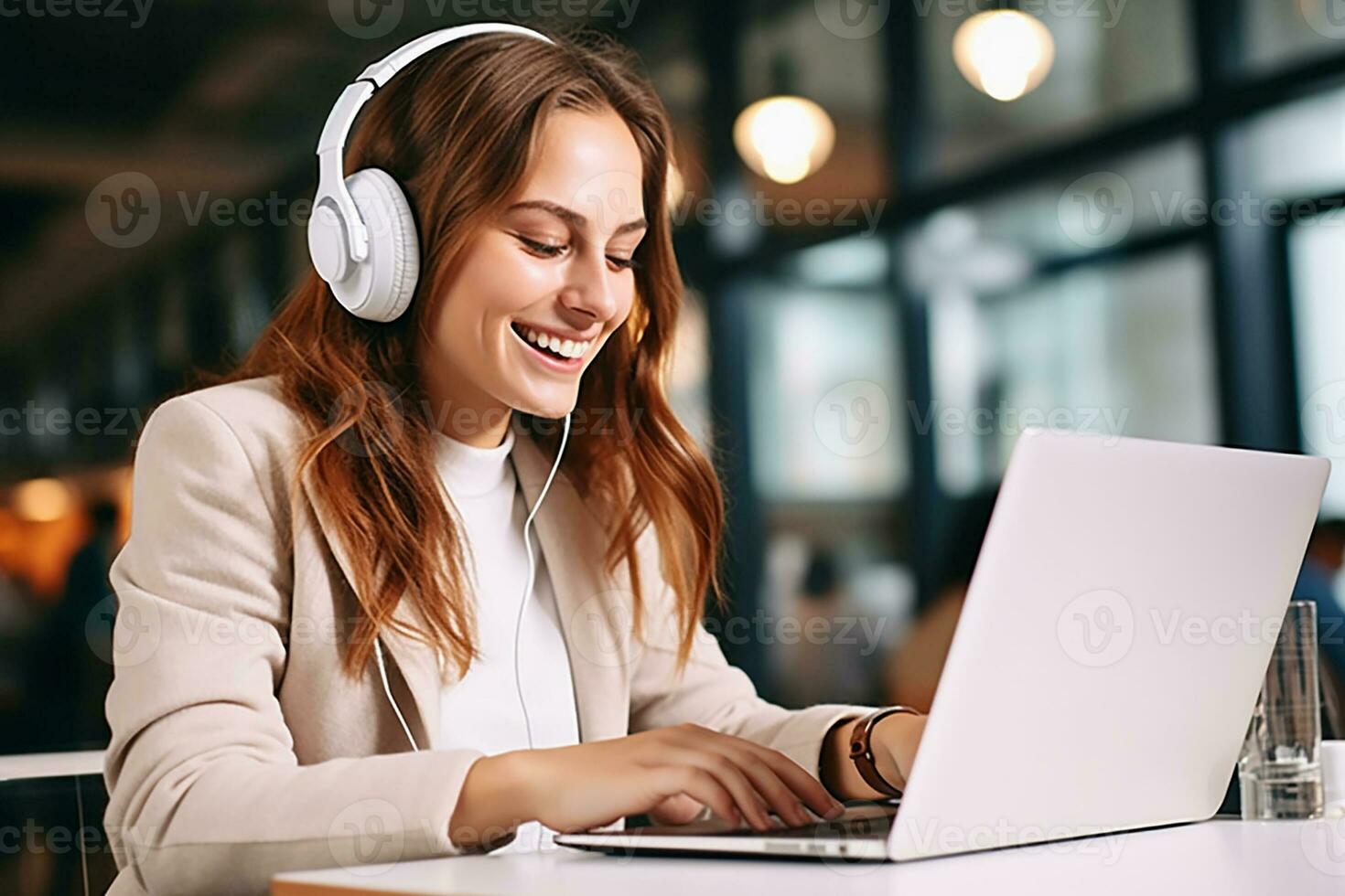 AI generated Portrait of beautiful young woman with laptop in office generative AI photo