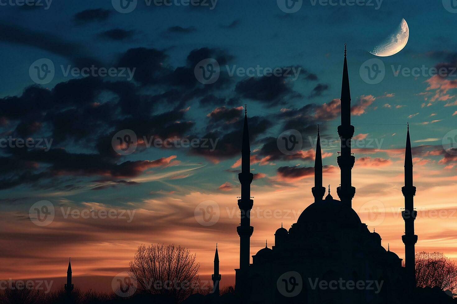 AI generated islamic background of silhouette islamic mosque at night with moon on blue sky photo