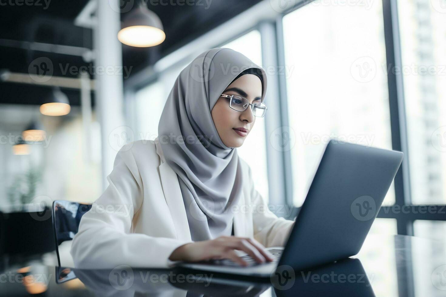 AI generated Portrait of Muslim Businesswoman Wearing Hijab Works on Engineering Project Does Document and Blueprints Analysis. Empowered Digital Entrepreneur Works on eCommerce Startup Project photo