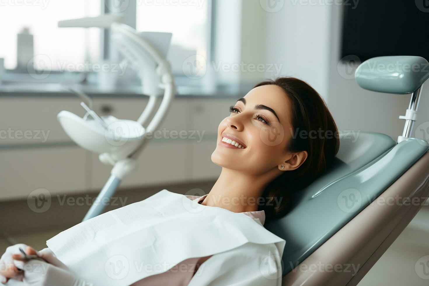 AI generated Portrait of smiling young woman sitting on chair at dental clinic photo