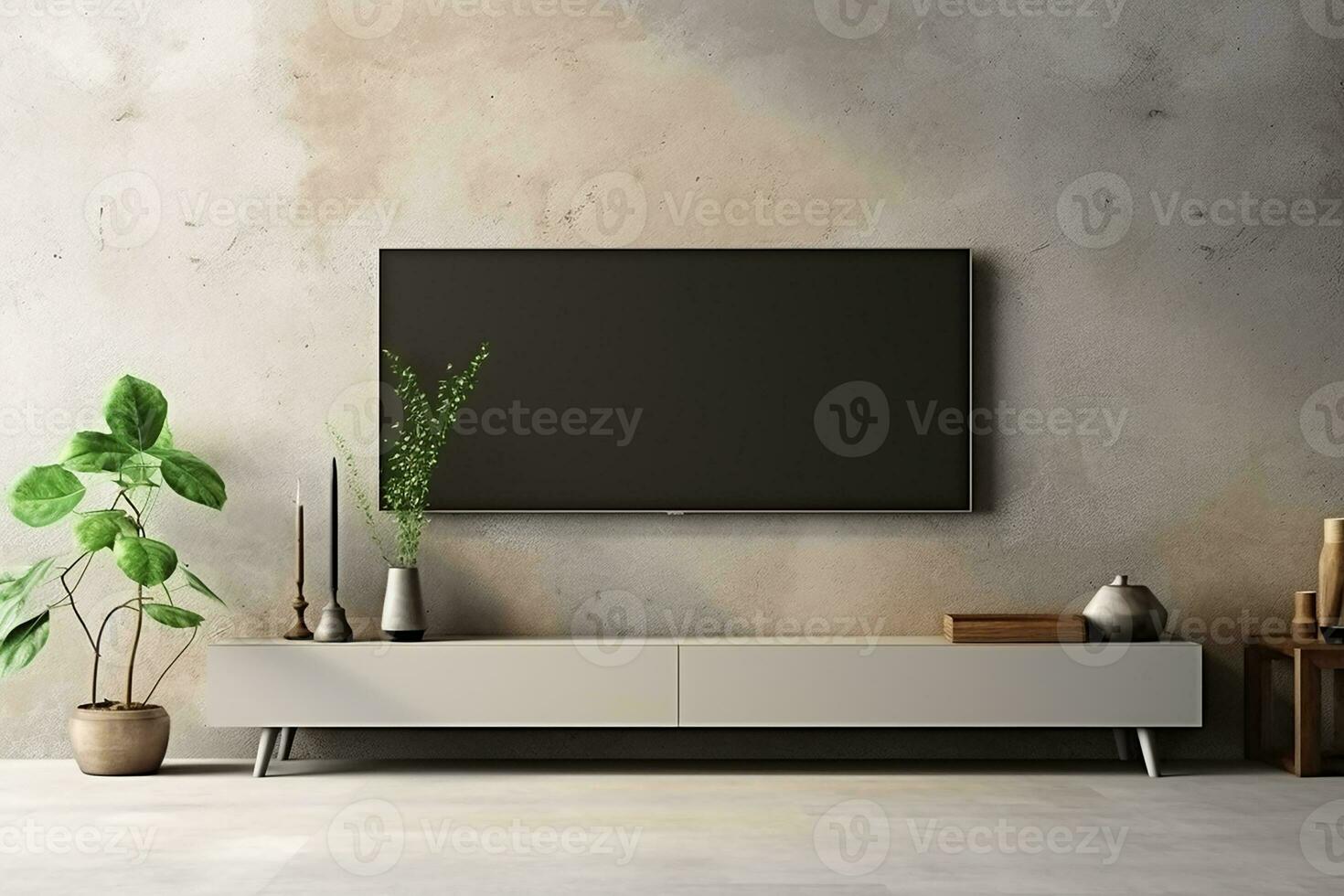 AI generated 3d rendered Empty plasma tv white room with a wooden table and plants minimal with copy space photo