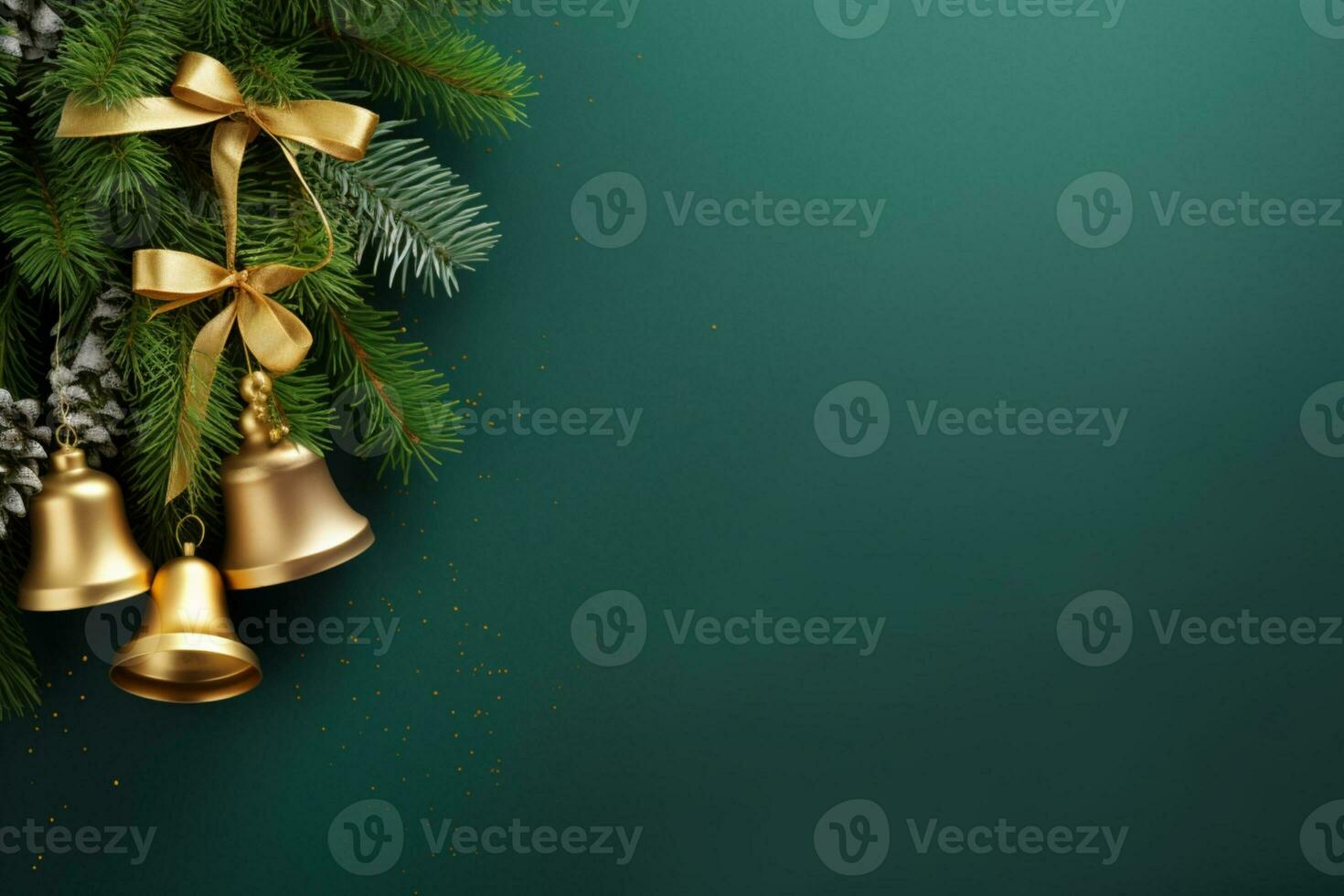 AI generated Christmas composition of fir tree branches with baubles and bell on green background photo