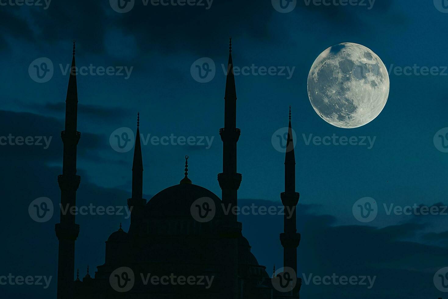 AI generated islamic background of silhouette islamic mosque at night with moon on blue sky photo