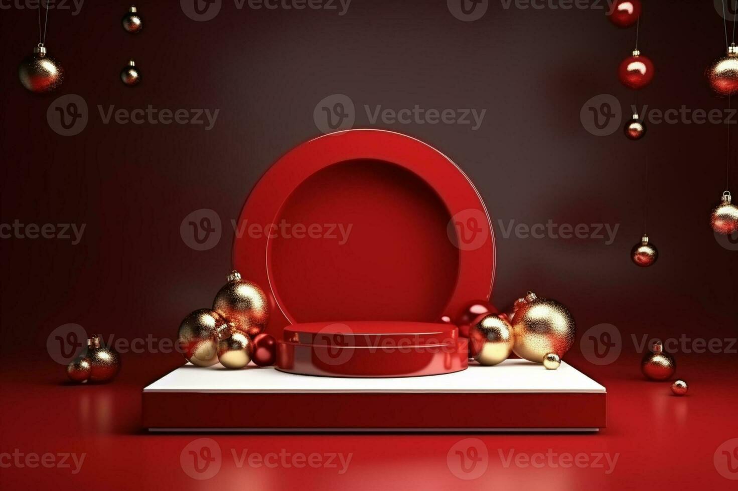 AI generated merry Christmas 3d rendered red Podium display for event photo