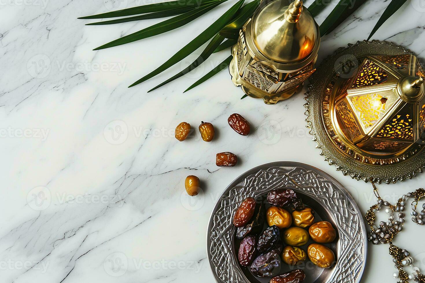 AI generated top view Ramadan Kareem mockup. Bronze plate with dates fruit, olive branches, glowing white marble table. photo