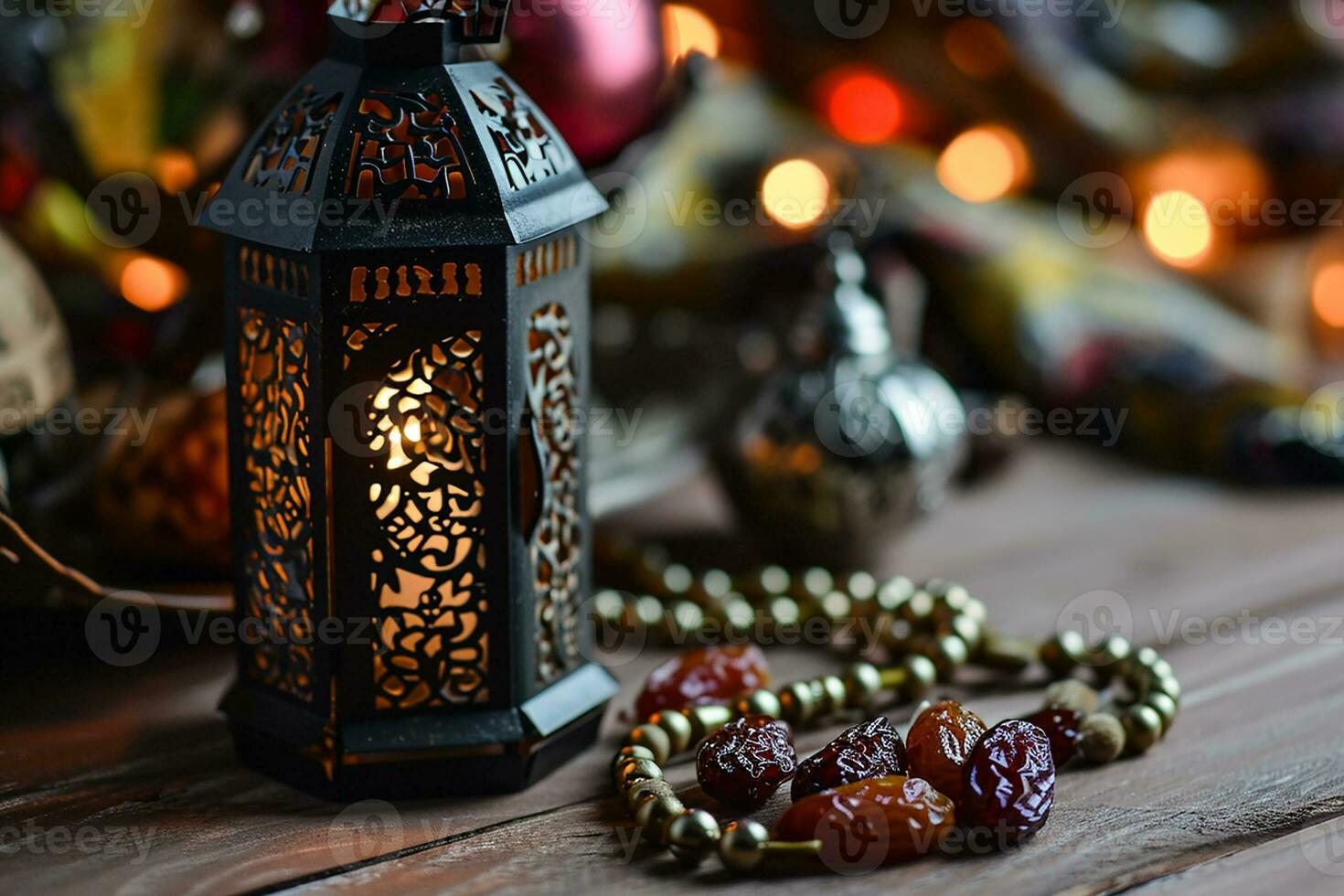 AI generated top view Ramadan Kareem mockup. Bronze plate with dates fruit, olive branches, glowing white marble table. photo