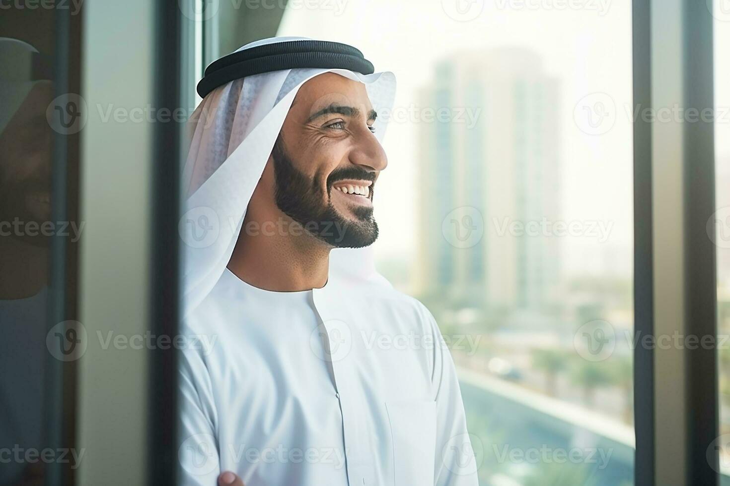 ai generado exitoso musulmán empresario en tradicional blanco kurta en pie en su moderno oficina mirando fuera de el ventana foto