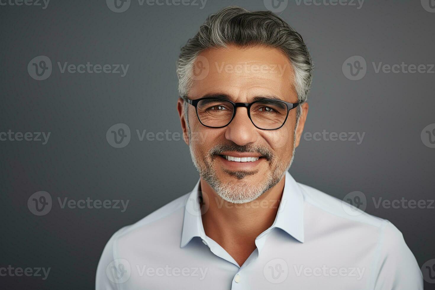 AI generated Successful businessman with crossed arms stands on a gray background photo