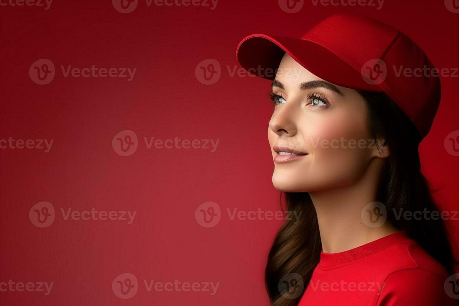 AI generated Stunning model with hat against red backdrop thinking concept photo