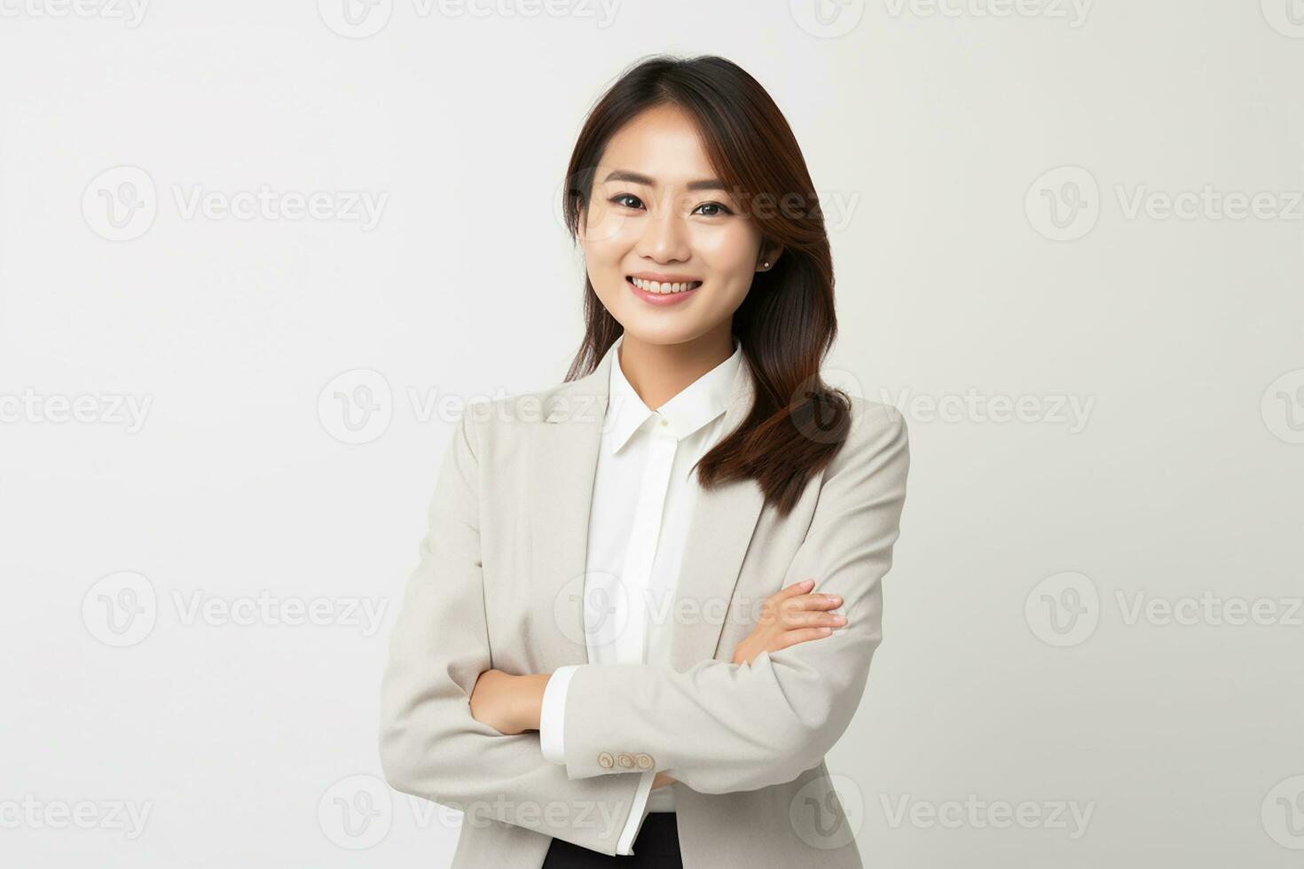 AI generated Portrait of a beautiful young Asian woman smiling on isolated background arm crossed generative AI photo