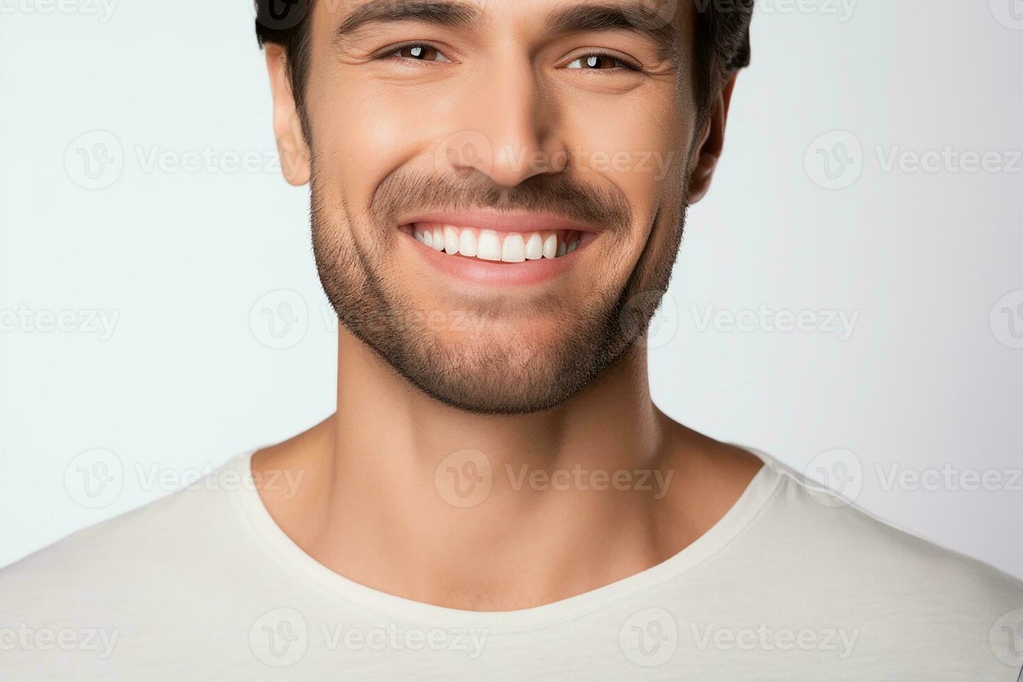 AI generated portrait handsome man with dark hairstyle bristle and toothy smile dressed in white sweatshirt photo