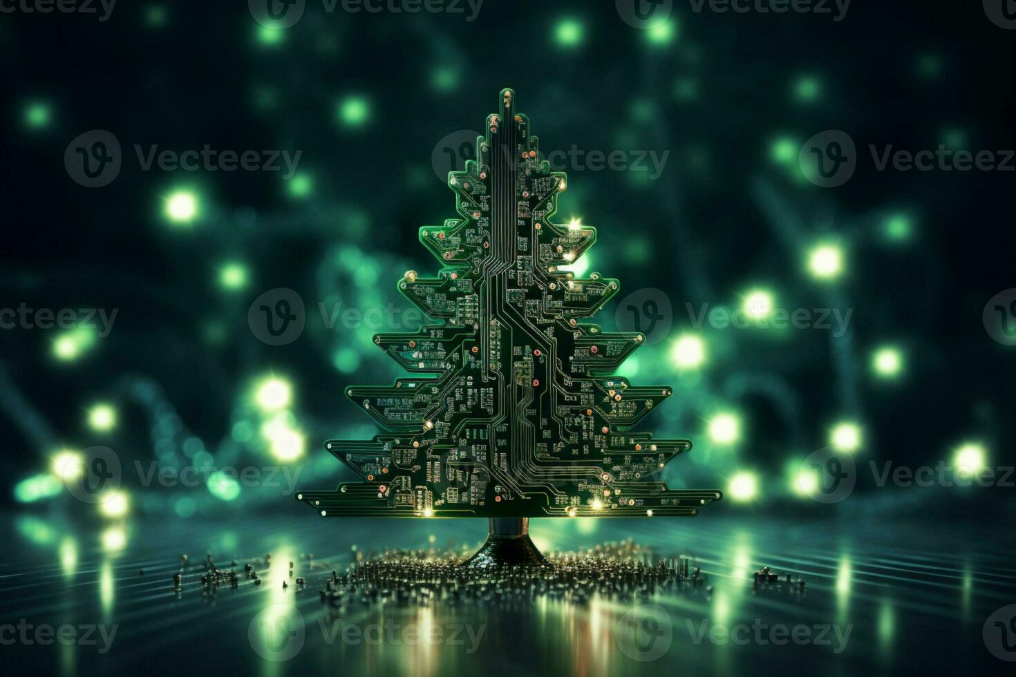 AI generated Christmas tree made with circuit board technology concept photo