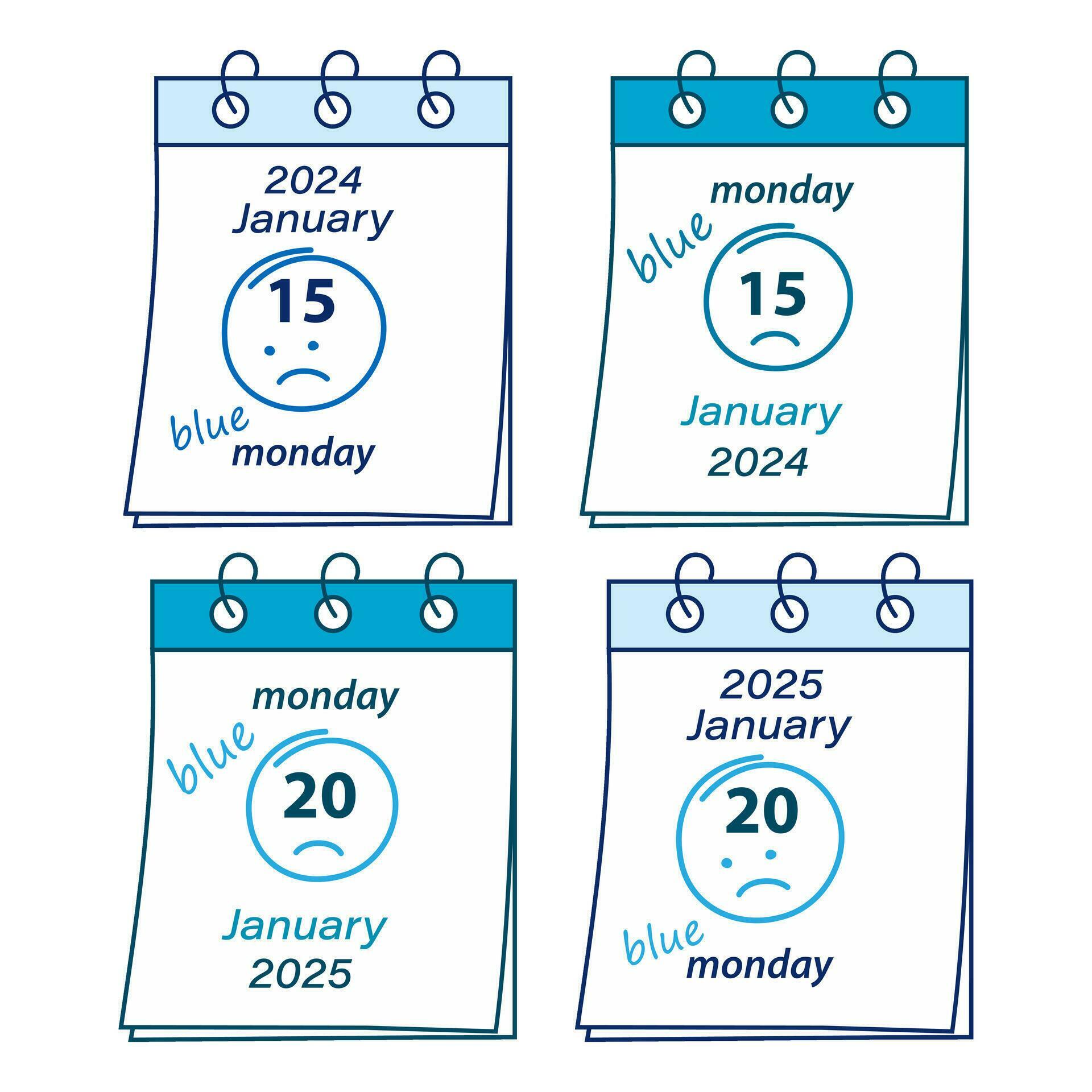 2024 and 2025 Blue Monday Date January 15th and 20th on a calendar sheets with hand drawn smiley