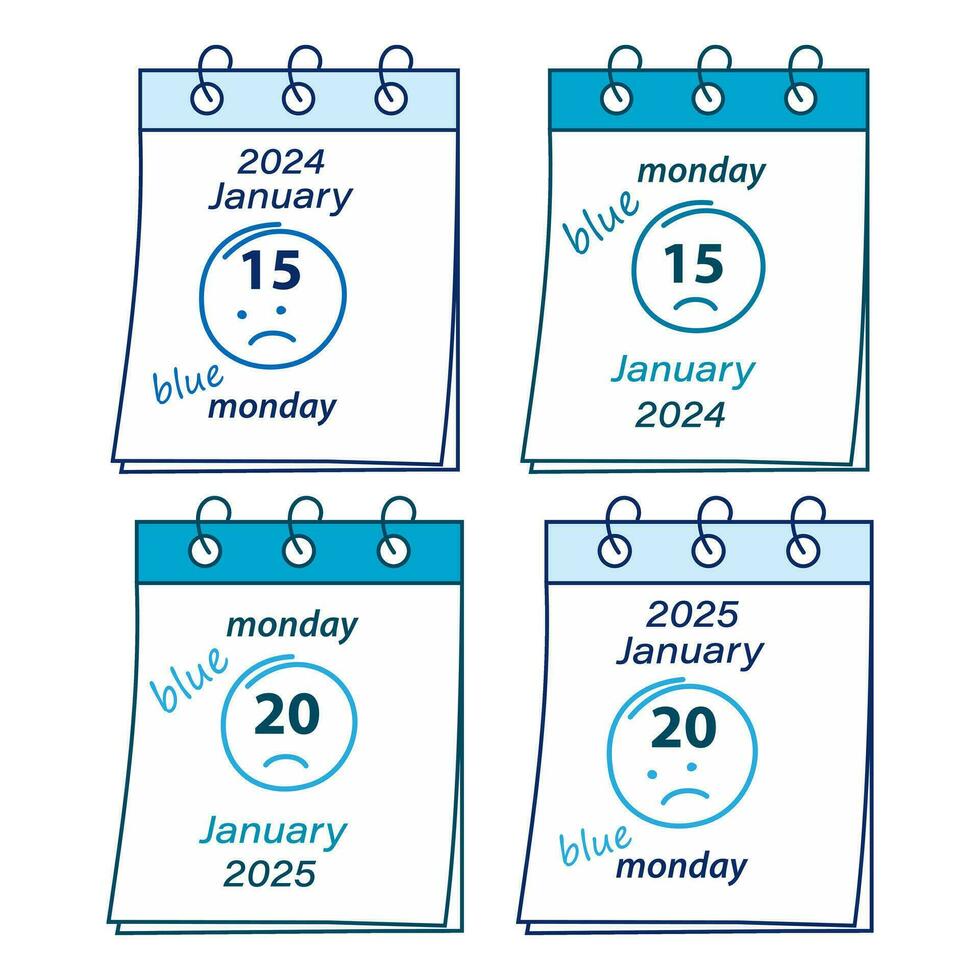 2024 y 2025 azul lunes fecha enero 15 y Vigésimo en un calendario hojas con mano dibujado sonriente vector