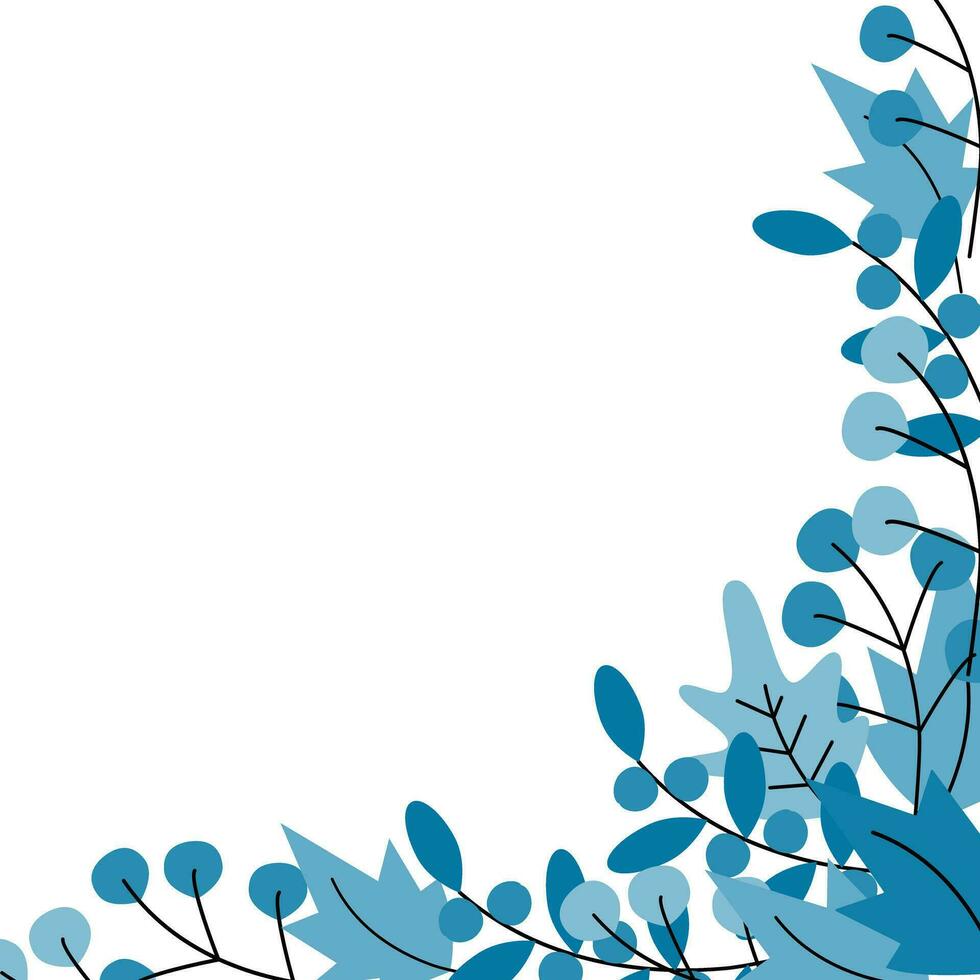 Abstract botanical corner frame with leaves and berries for art or web designs in trendy blue color vector