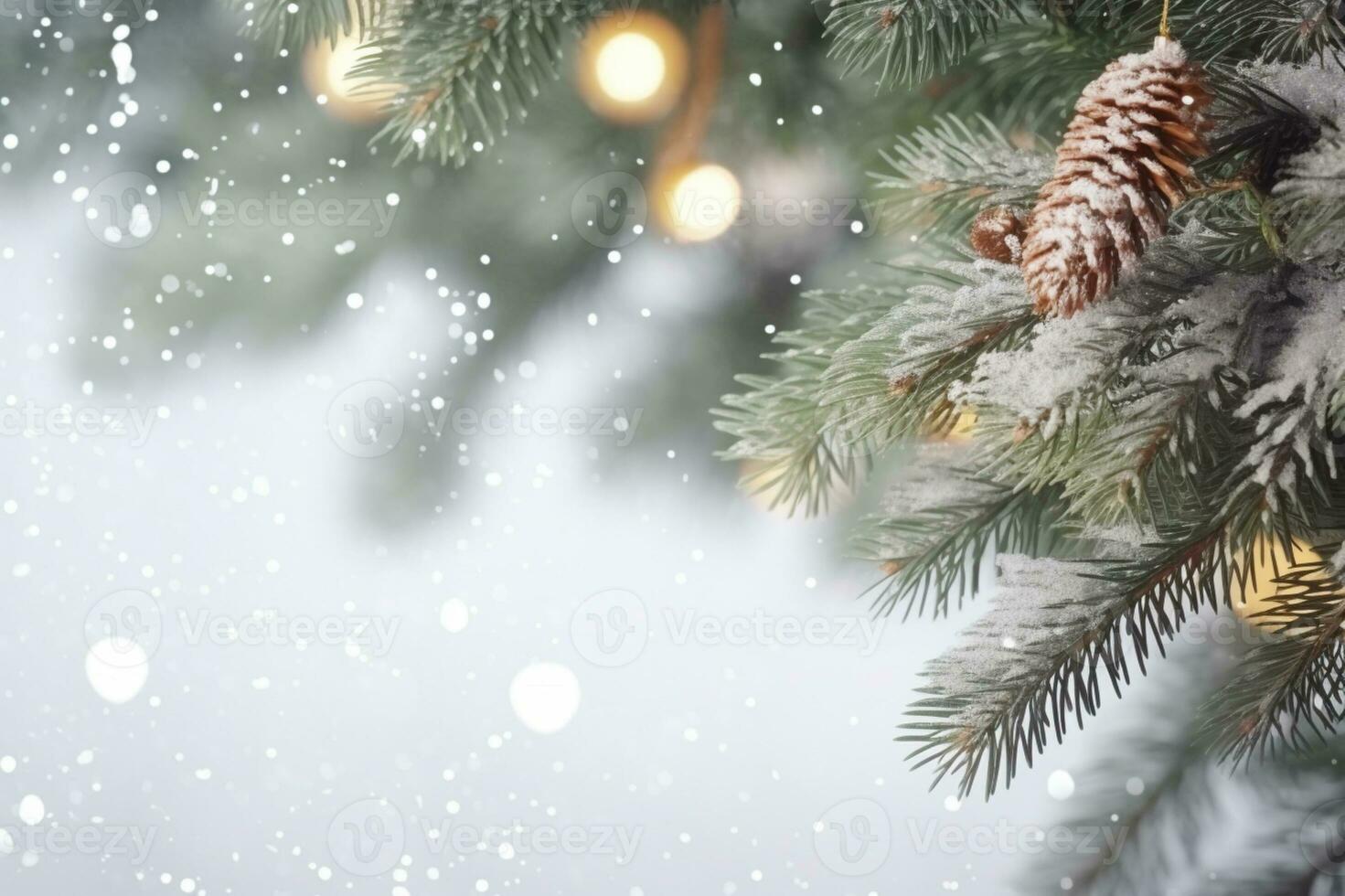 AI generated Snowflakes settling on pine branches under soft winter moonlight photo