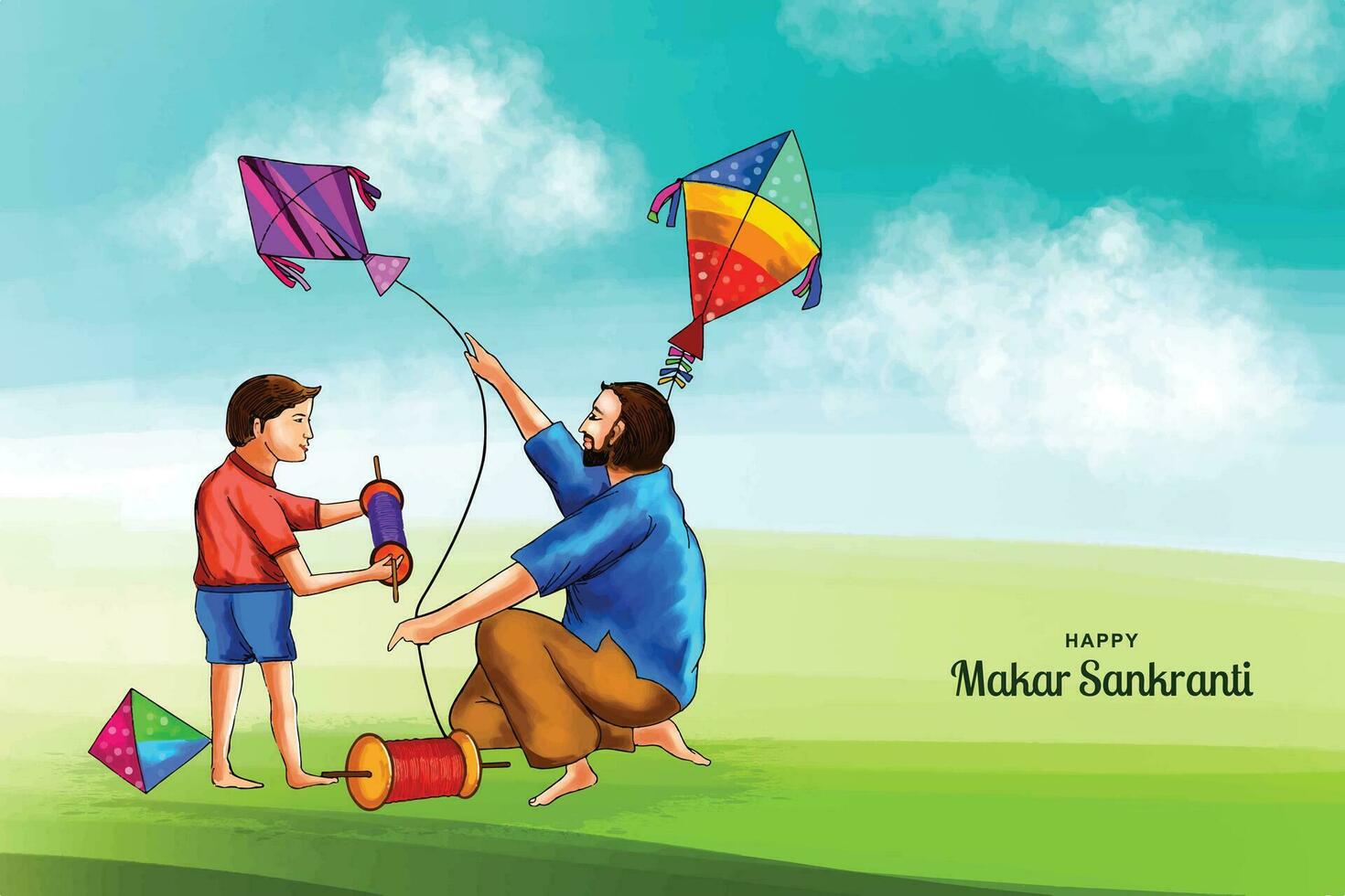 Happy makar sankranti landscape card holiday background vector