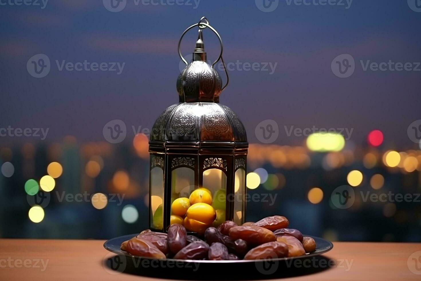 AI generated lantern with dusk sky and city bokeh light background photo