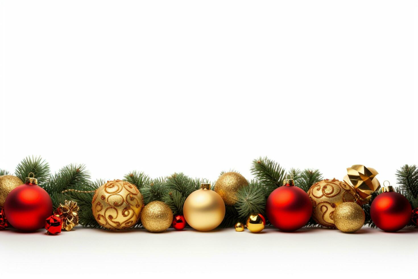 AI generated christmas holidays composition of fir tree branches with baubles and copy space photo