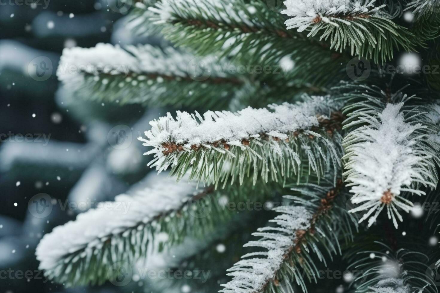 AI generated Snowflakes settling on pine branches under soft winter moonlight photo