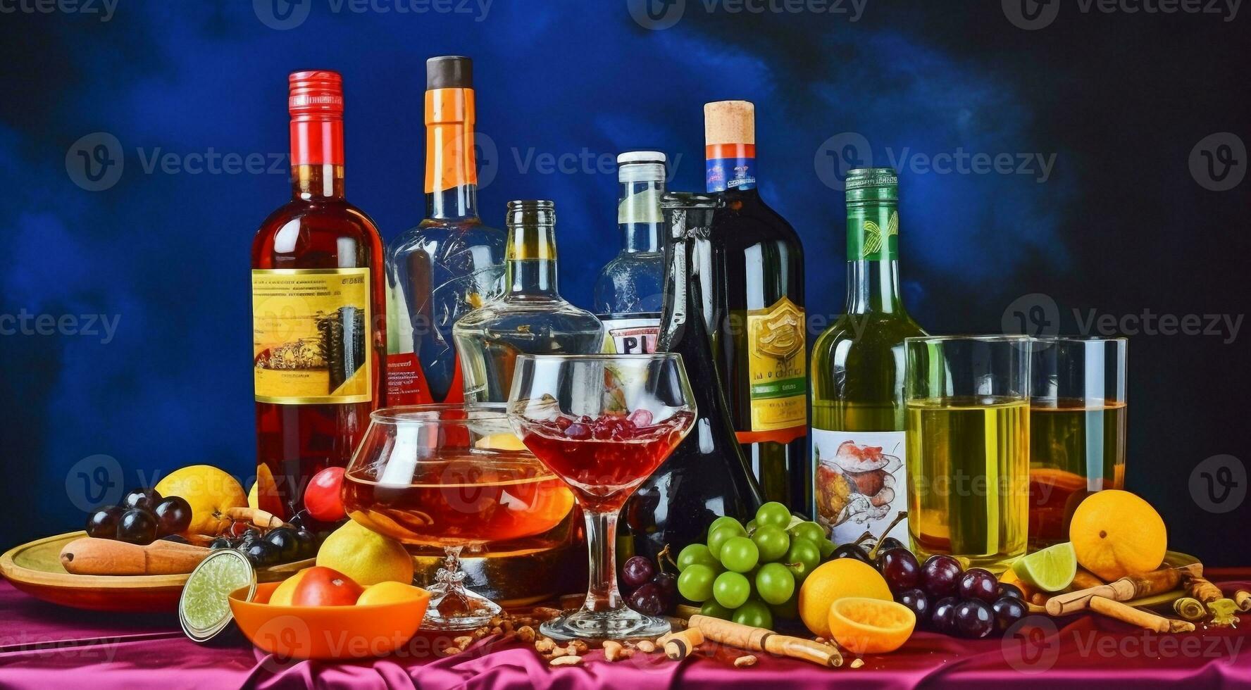AI generated alcoholic drinks on the table, alcoholic drinks on abstract background, colored background photo