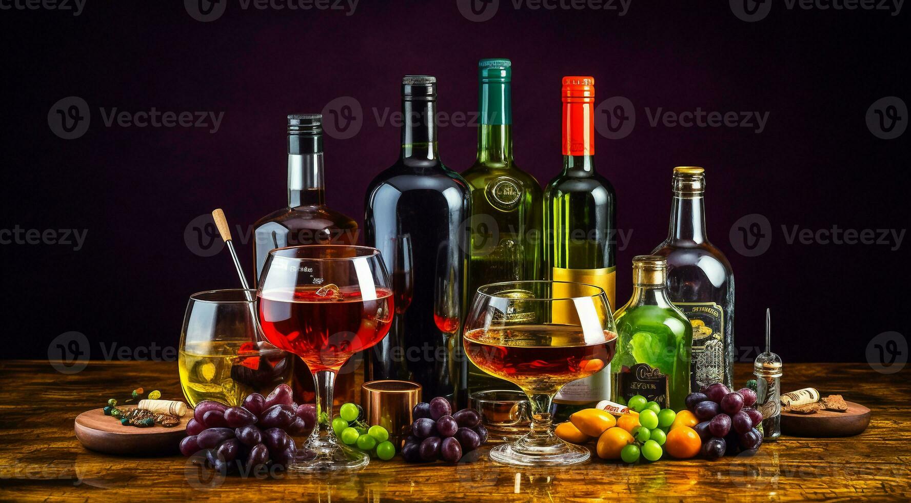 AI generated alcoholic drinks on the table, alcoholic drinks on abstract background, colored background photo