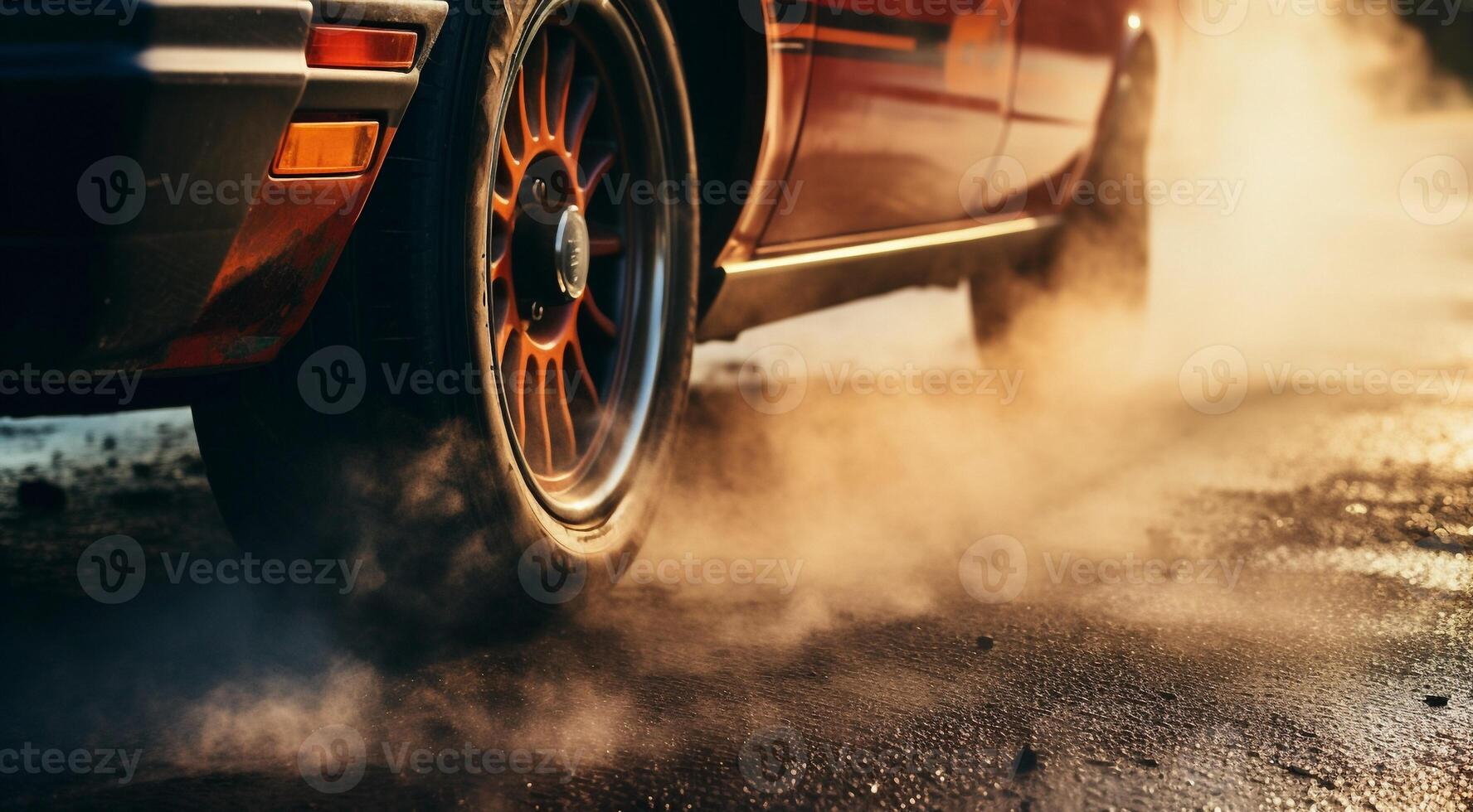 ai generado coche conducción en el camino, de cerca de un Deportes coche haciendo agotamiento en el calle, coche haciendo agotamiento, de cerca de coche foto