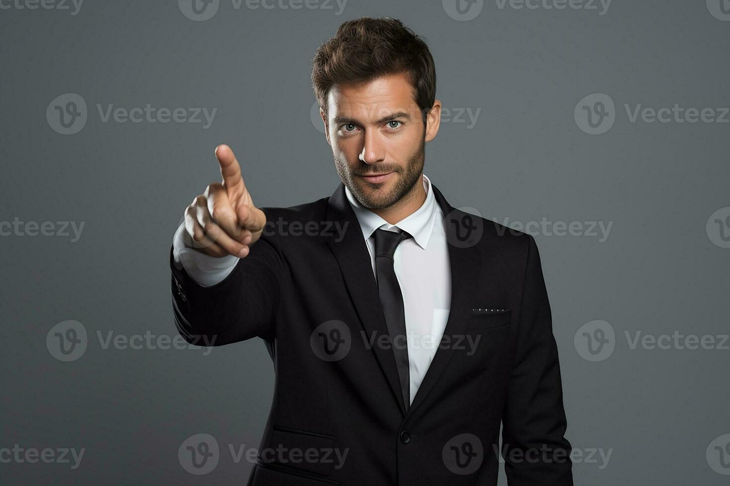 ai generado joven sonriente hombre en formal vestir señalando con dedo en usted foto