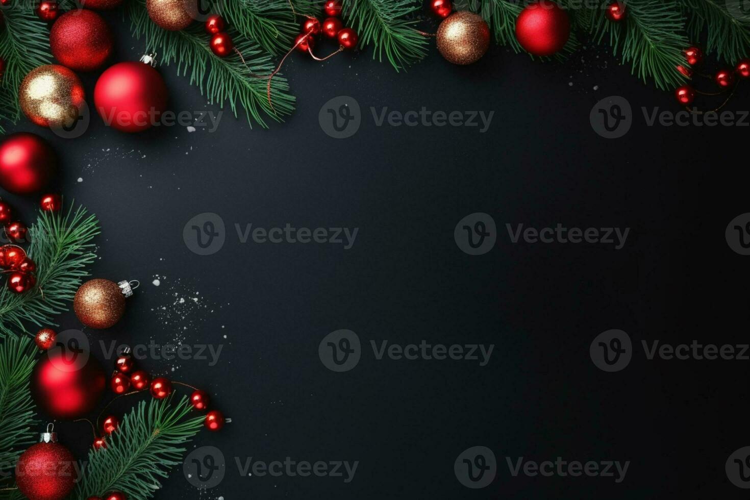 AI generated christmas holidays composition of fir tree branches with baubles copy space photo
