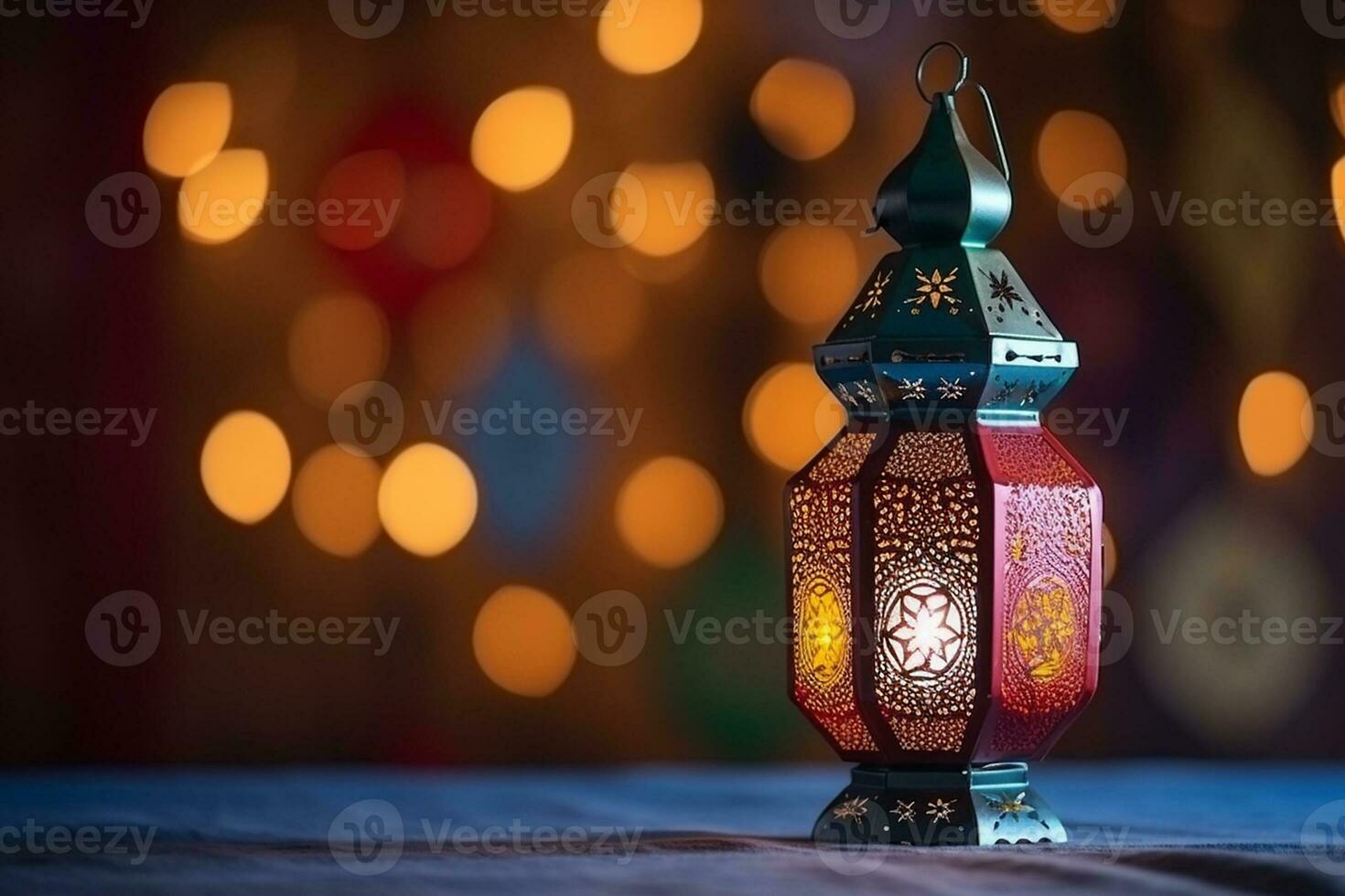 AI generated Eid decorative traditional lamps on bokeh background on wooden table photo