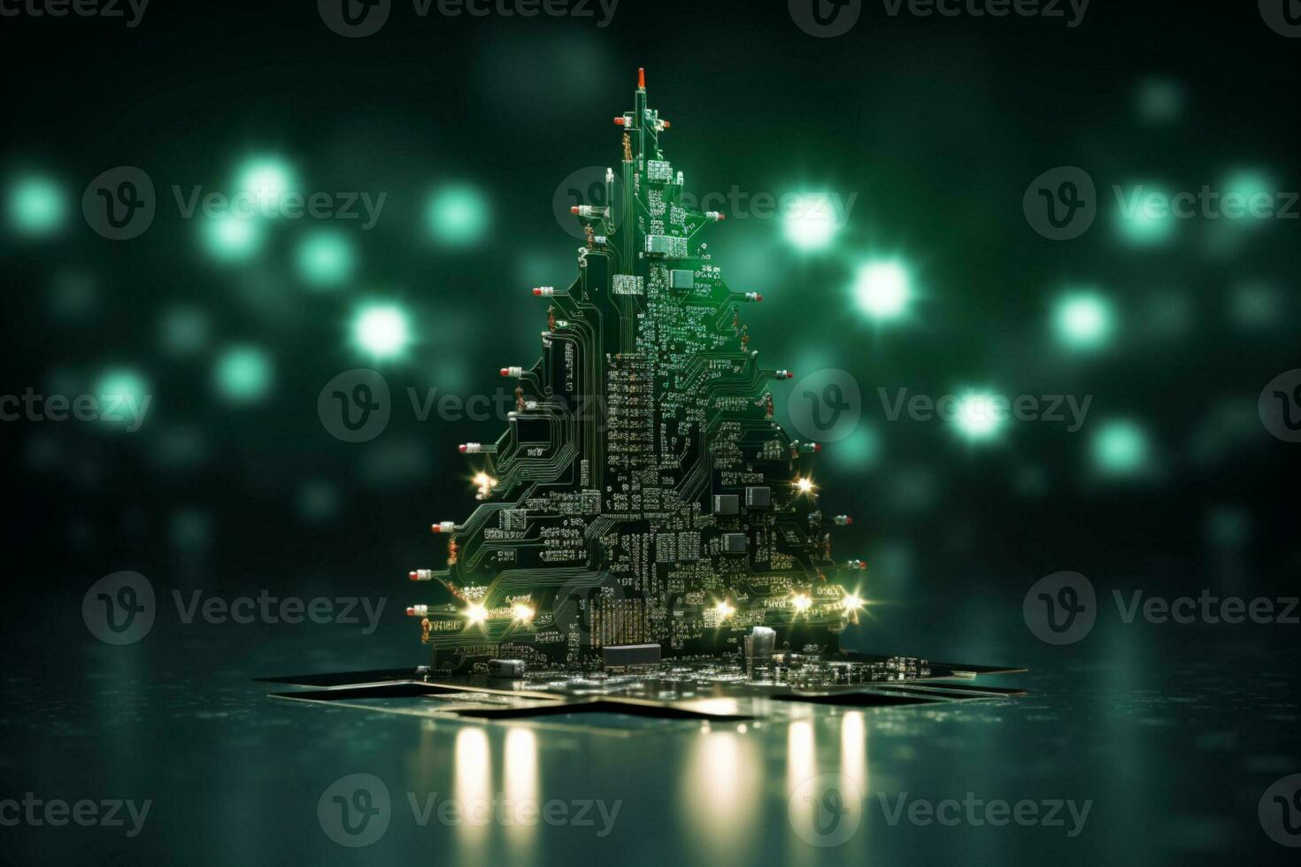 AI generated Christmas tree made with circuit board technology concept photo