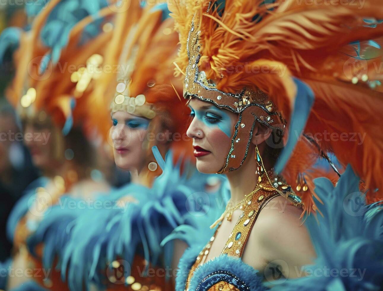 AI generated Carnival dancers with blue and orange feather photo