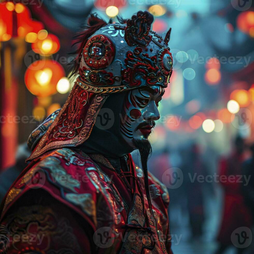 ai generado chino hombre con un chino nuevo año disfraz en un ciudad a el noche. foto