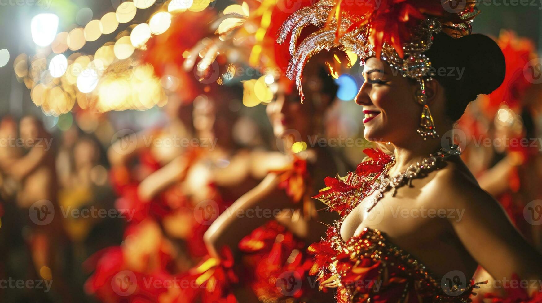 AI generated Lets dance all our troubles away. Cropped shot of beautiful samba dancers performing in a carnival with their band. photo