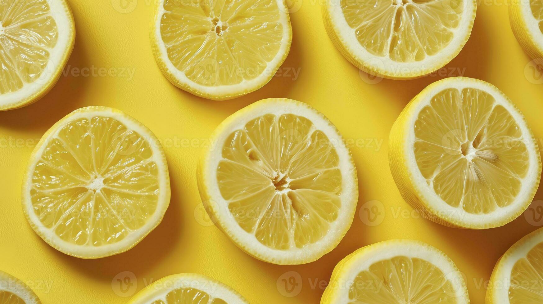 AI generated Vitamin C and lemon slices on a yellow background. photo