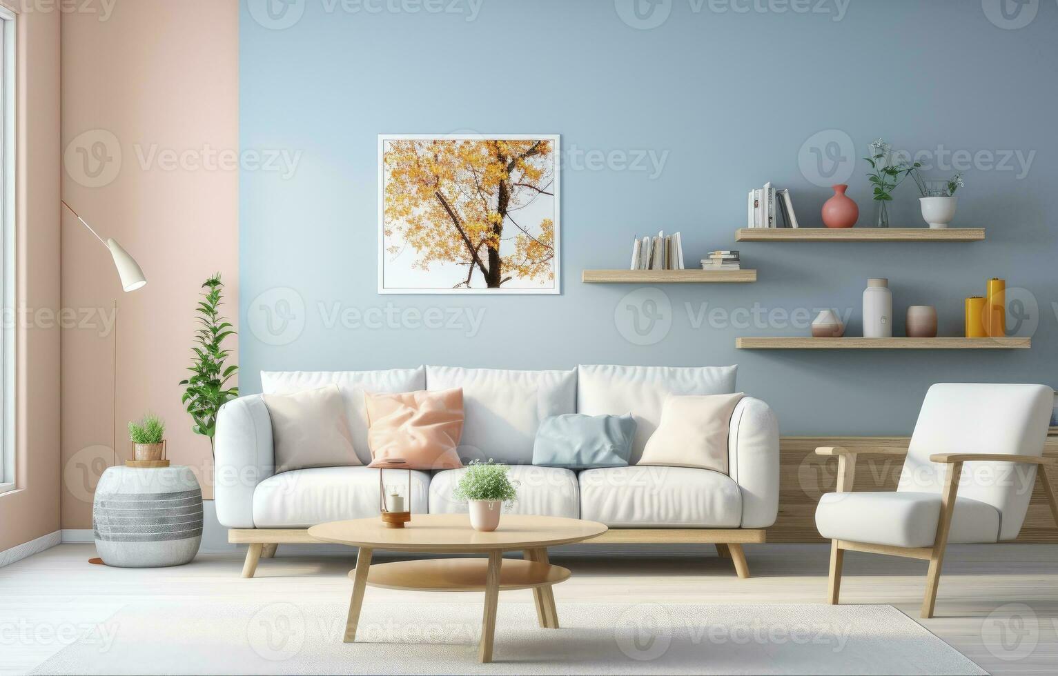 AI generated Beautiful modern living room with pastel blue wall photo