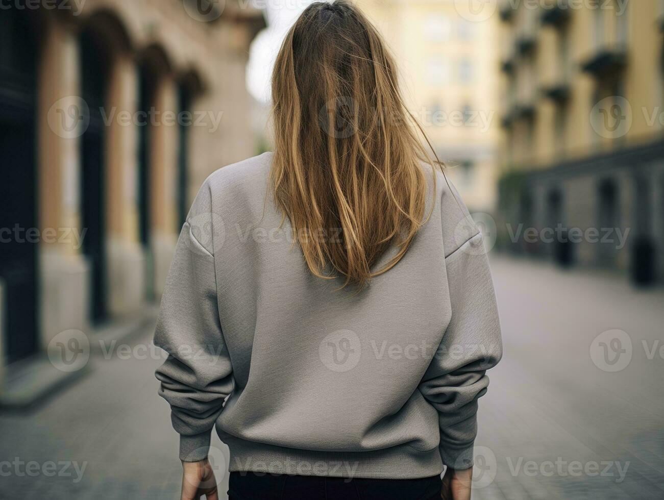 AI generated Walking woman back view wearing oversize dark grey gildan photo