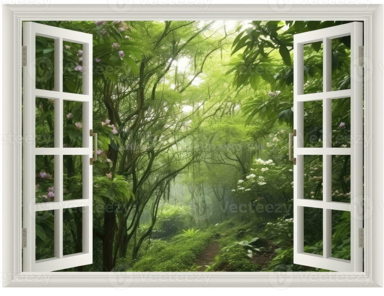 AI generated Modern house open window view forest background photo