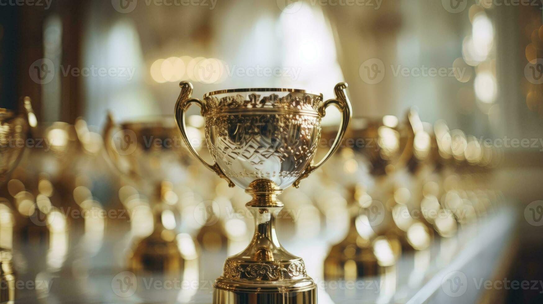 AI generated Close up on first place gold trophy cup photo