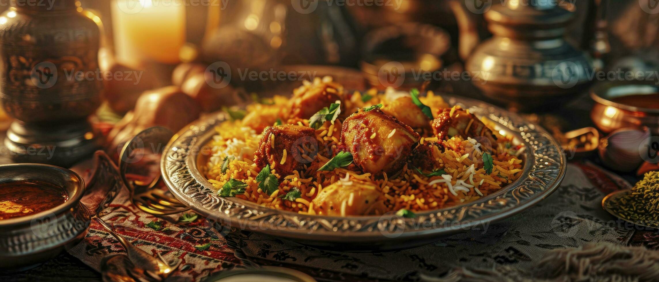 AI generated Chicken biryani served on a plate photo