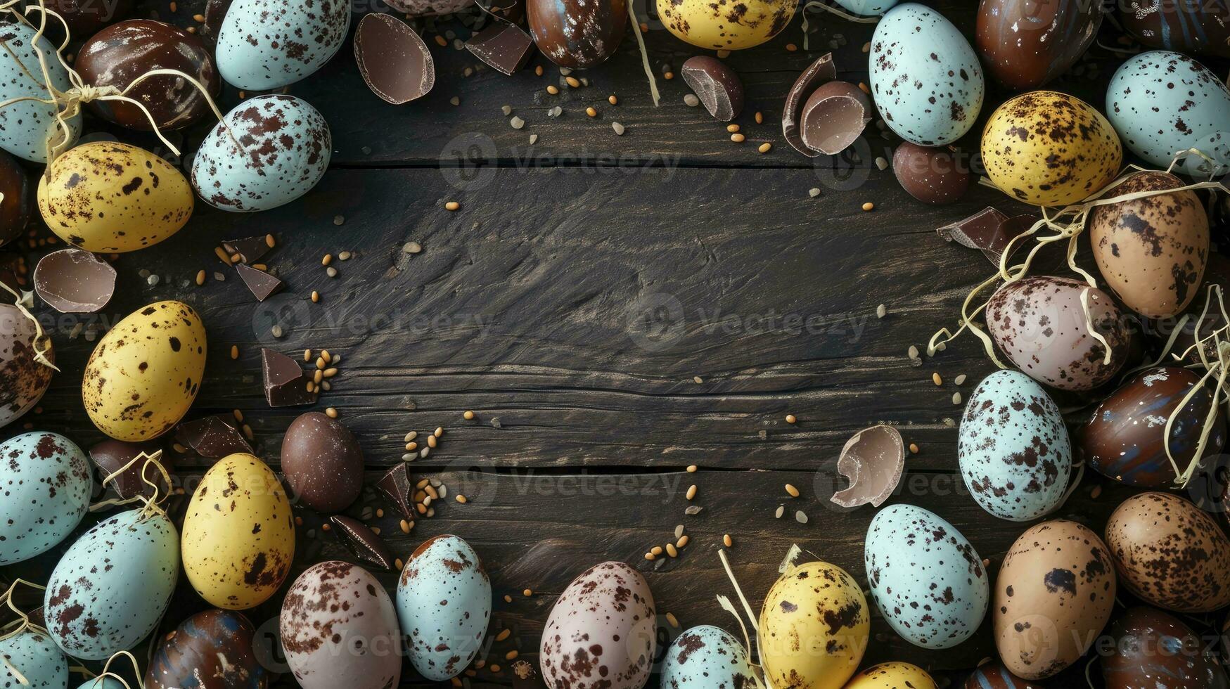 AI generated Top down view of an Easter border frame of robin's eggs and chocolate eggs with copy space in the middle photo