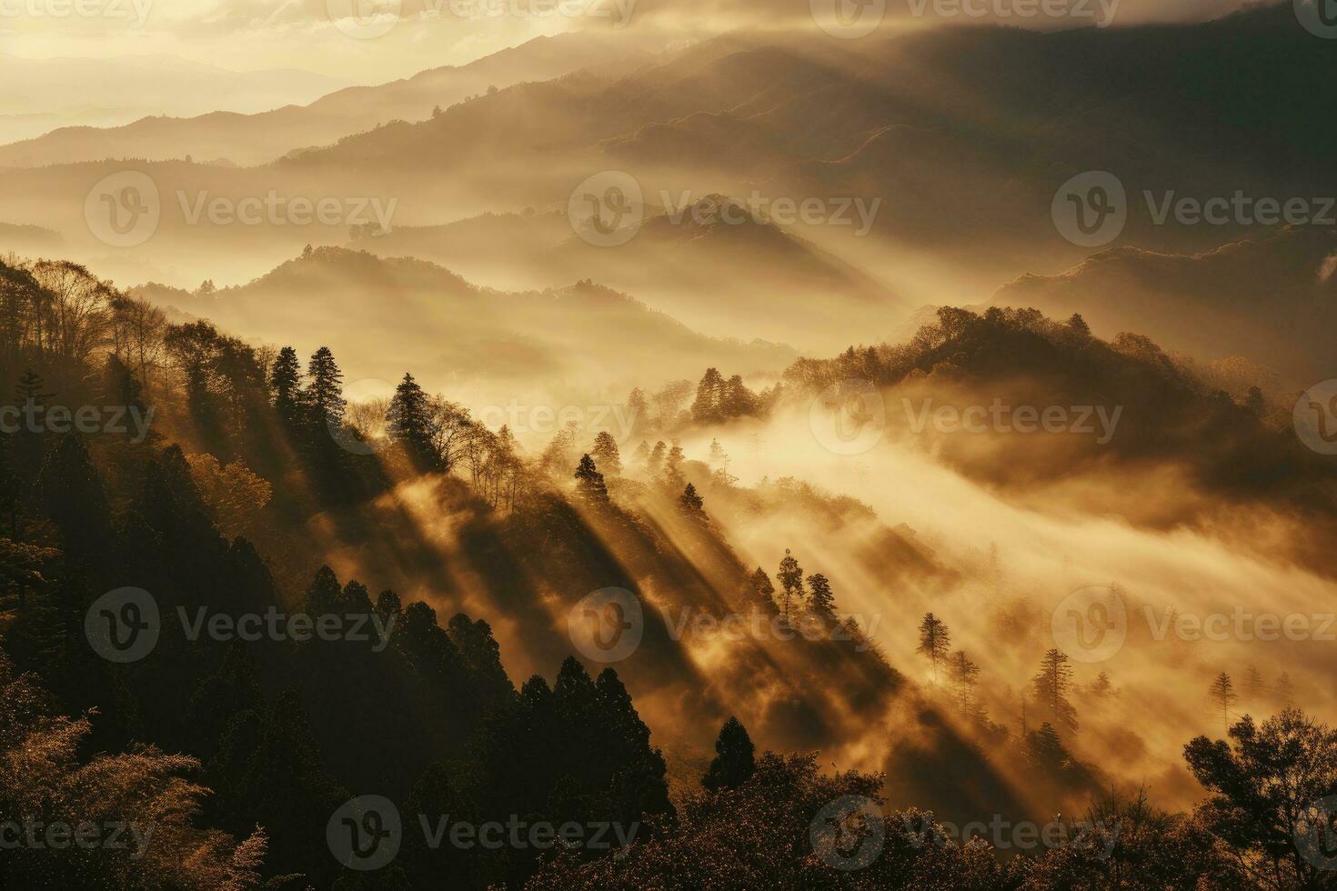 AI generated A mountain range forest and mist at sunrise, in the dark orange and light gold. photo