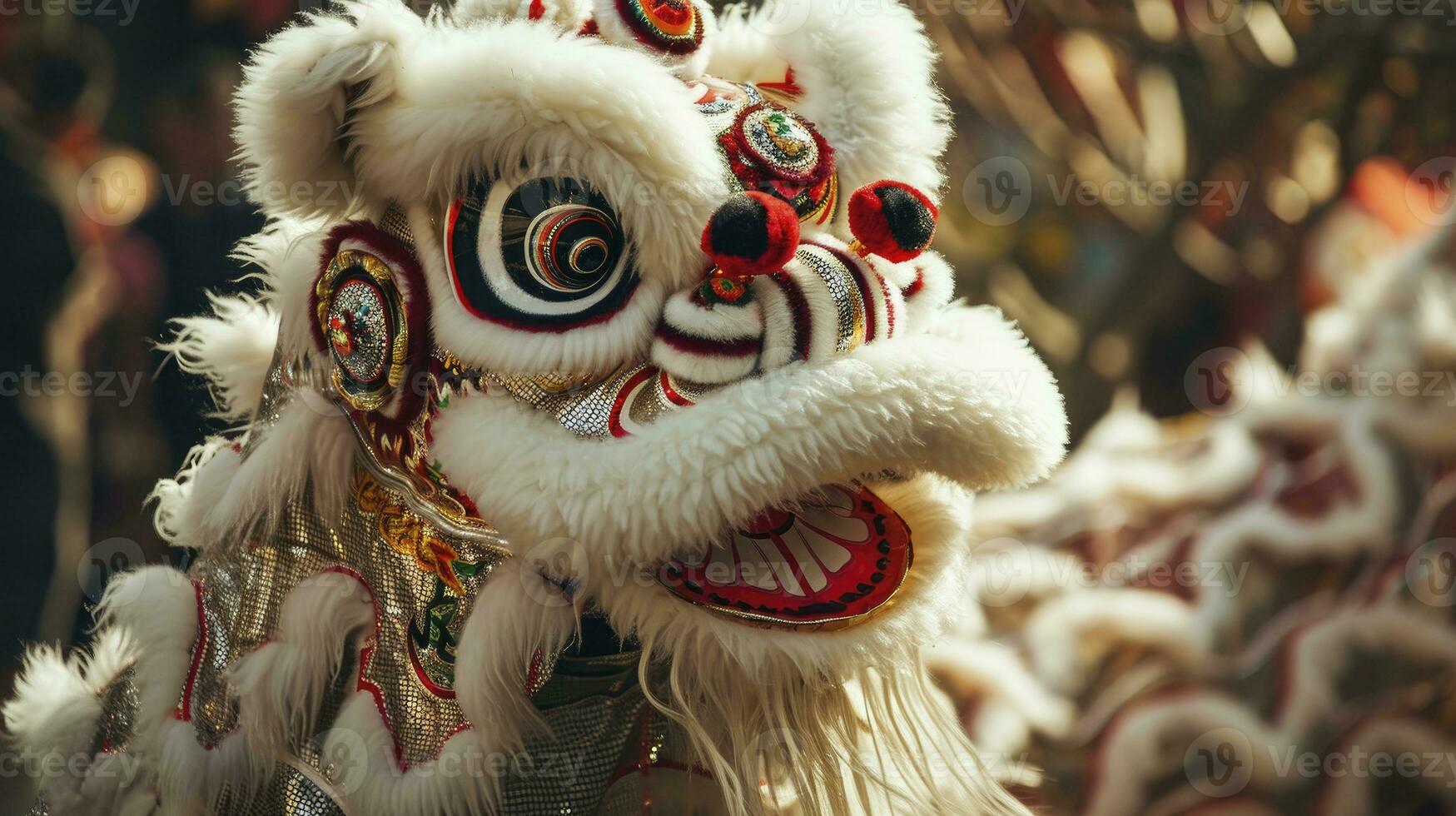 AI generated Chinese traditional lion dance costume performing at a temple in China, Lunar new year celebration, Chinese New Year photo