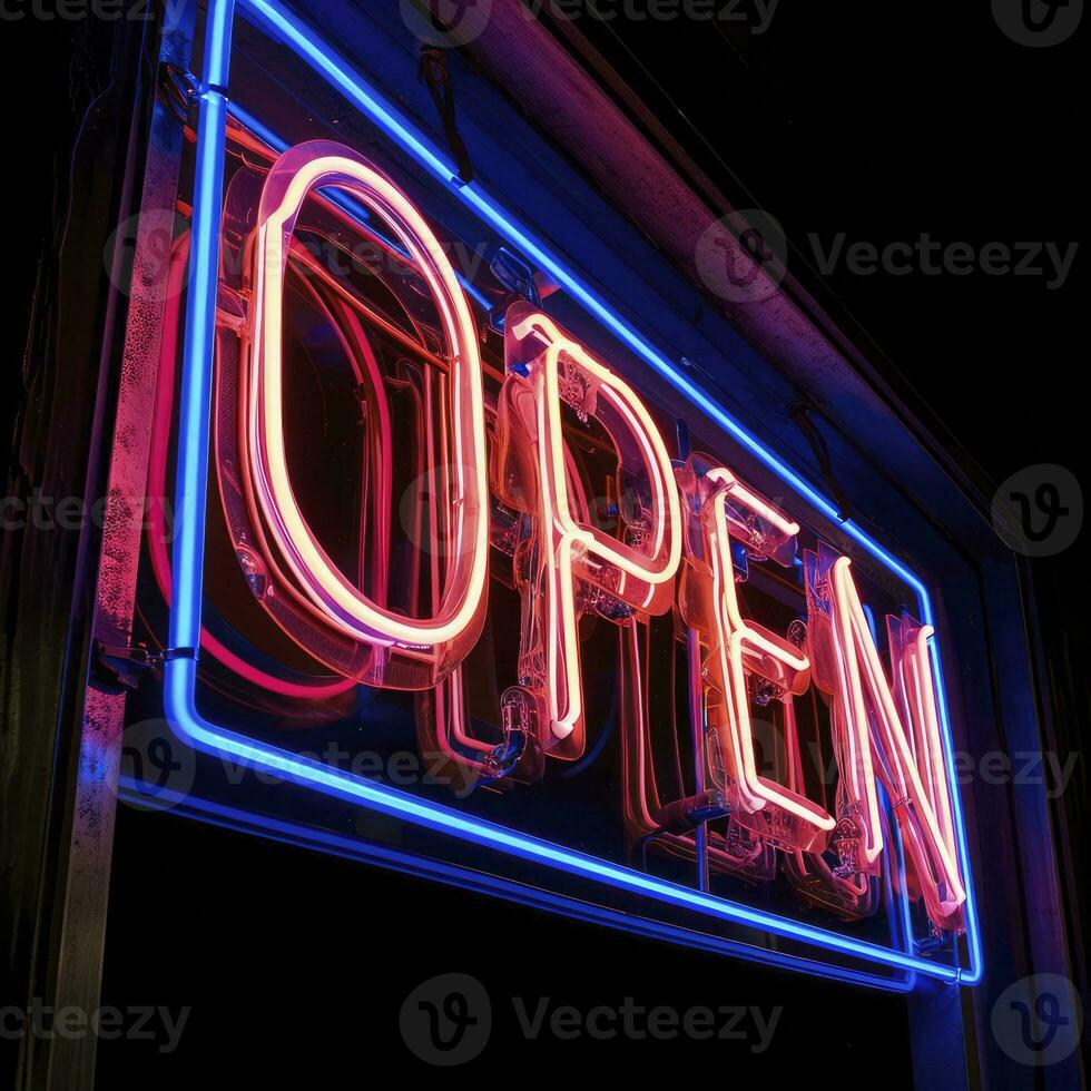 AI generated Neon vibrant OPEN text sign isolated on black photo