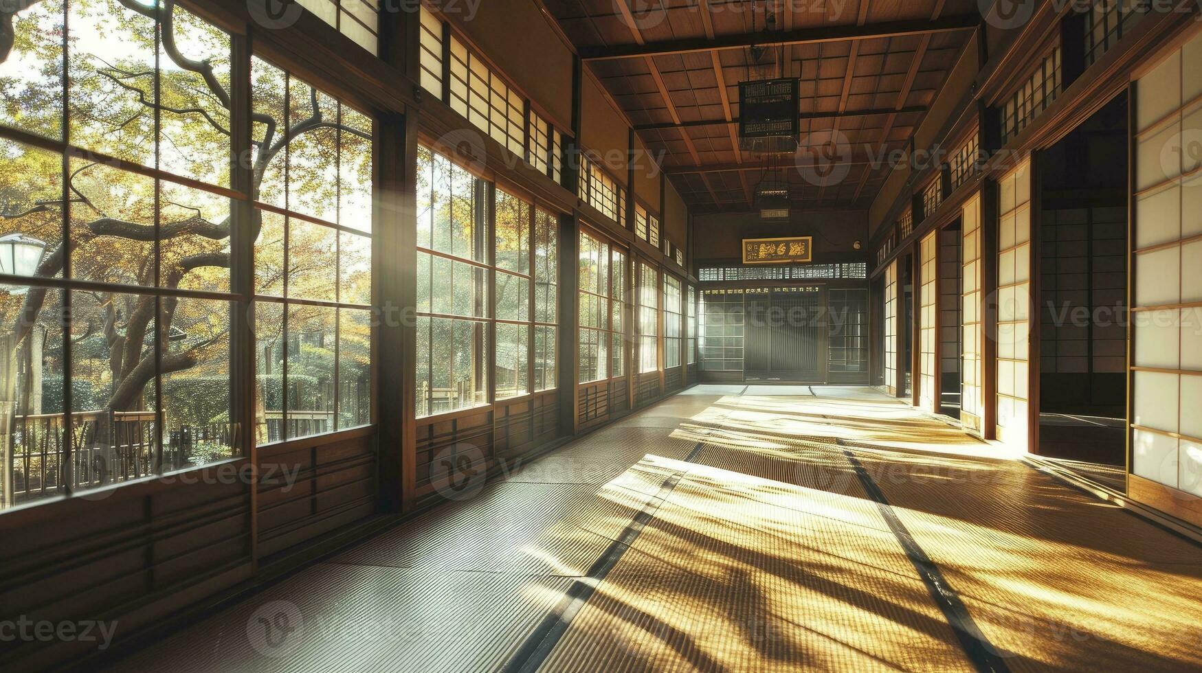 AI generated Traditional japanese empty room interior with tatami mats and sun light. photo