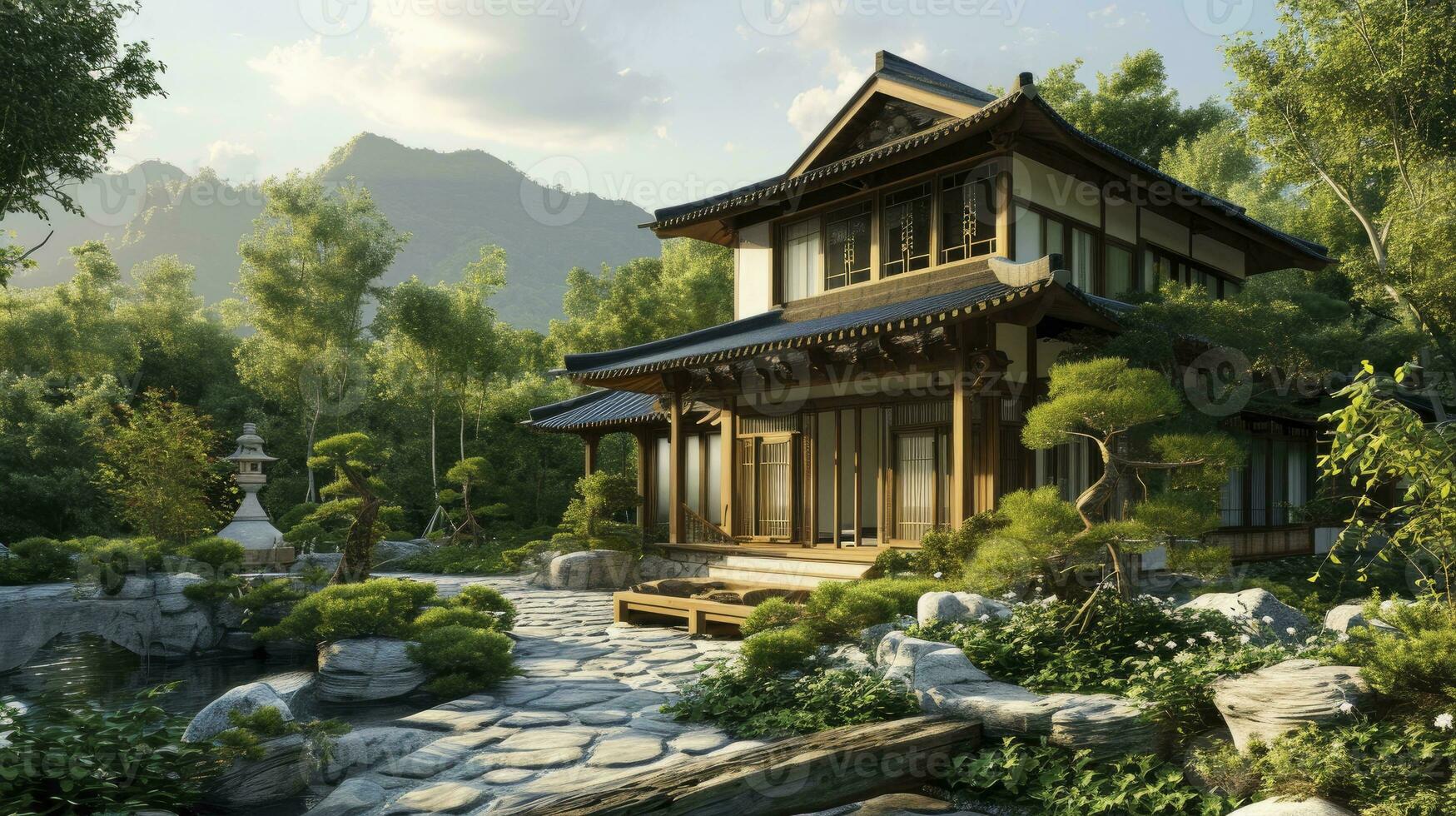 AI generated Japanese classic style house design photo