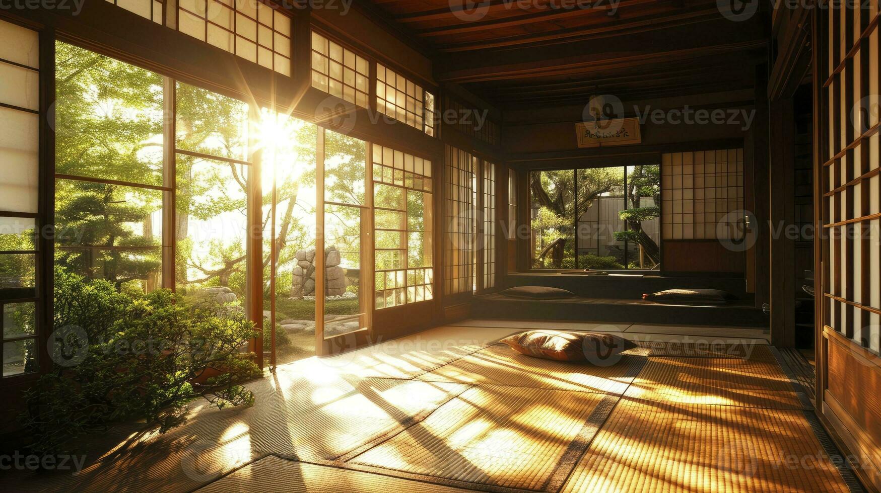 AI generated Traditional japanese empty room interior with tatami mats and sun light. photo